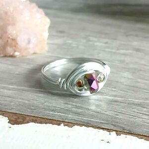 Dainty Glass Beaded Ring, Size 7.25, Faceted Glass, Boho Chic, Wire Wrapped